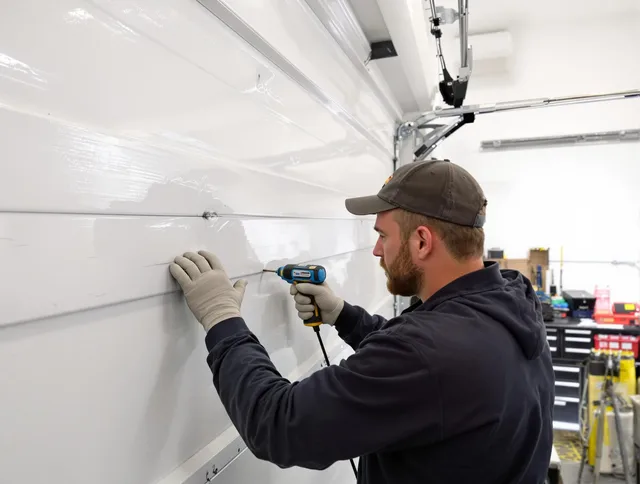 West Covina Garage Door Repair technician demonstrating precision dent removal techniques on a West Covina garage door