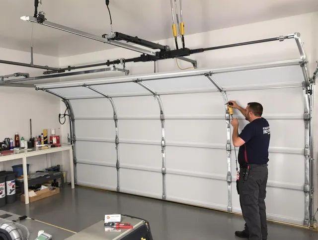 West Covina Garage Door Repair certified technician performing overhead door system repair in West Covina