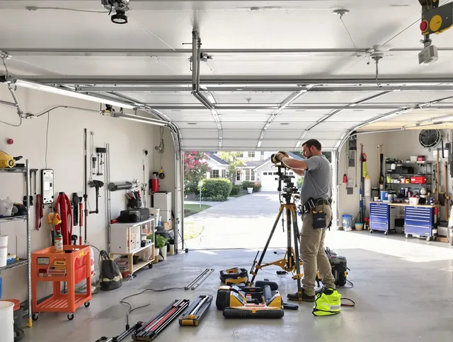 West Covina Garage Door Repair specialist performing laser-guided track alignment in West Covina